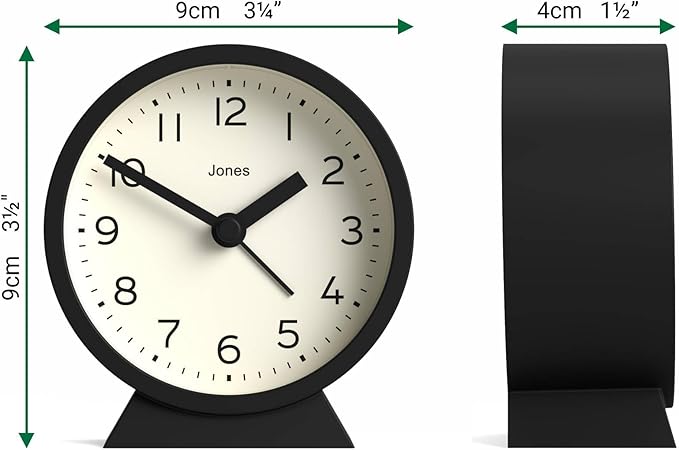 JONES CLOCKS® Midnight mini Alarm Clock | Contemporary Design | Black | Stylish, Compact and Functional for Bedside, Desk or Shelf