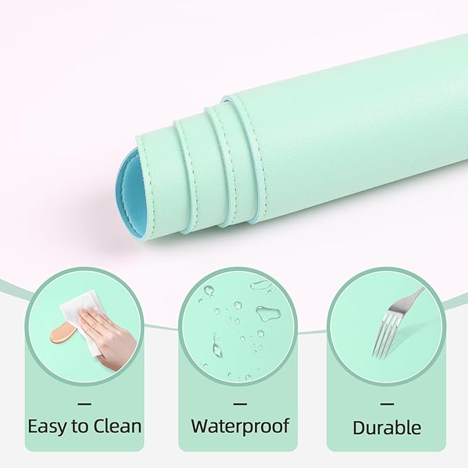 Makeup Mat for Vanity to Protect Desk Top 31.5 x 15.7 in, Dual-Sided Makeup Mat, Easy to Clean Desk Pad - Waterproof and Oilproof Vanity Accessories (Calamine Blue and Mint Green)