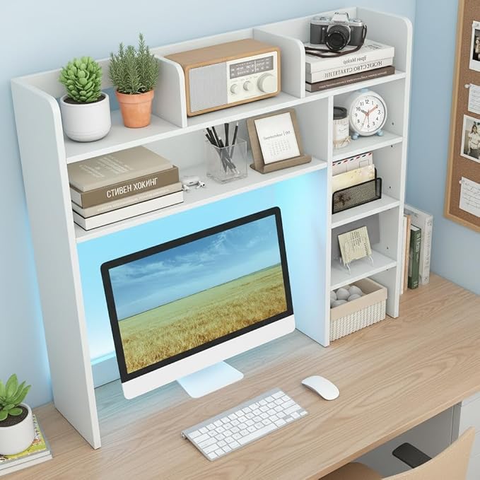Tangkula Desktop Bookshelf with LED Lights, Desk Hutch with 8 Shelves for Max 25" Monitor, Desktop 5-Tier Display Rack, Multipurpose Wood Desktop Storage Hutch Organizer for Dorm Office Home (White)