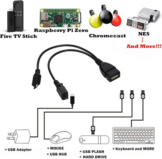 2-in-1 Micro USB to USB Adapter (OTG Cable + Power Cable) for Fire Stick, PlayStation Classic and More - 2 Pack