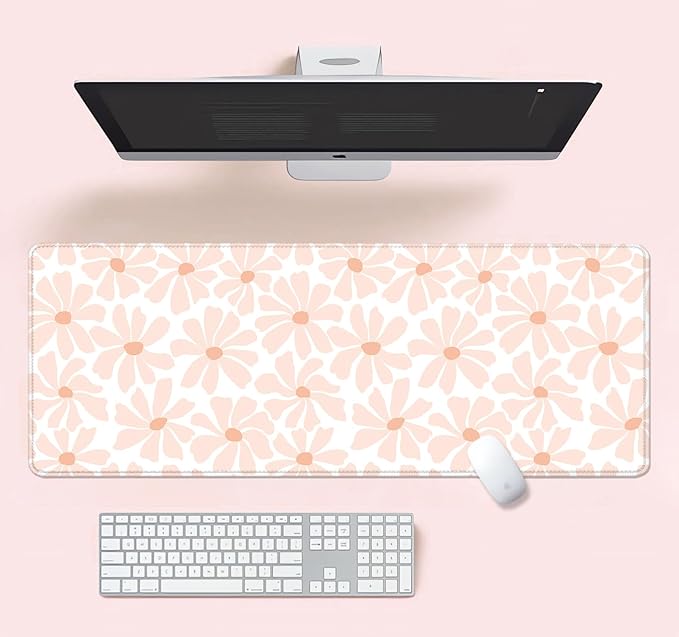Pink Daisy Floral Boho Desk Mat, Girly Aesthetic Extended Large Mouse Pad, Minimalist White Non-Slip Cute Gaming Mousepad for Home Office Decor