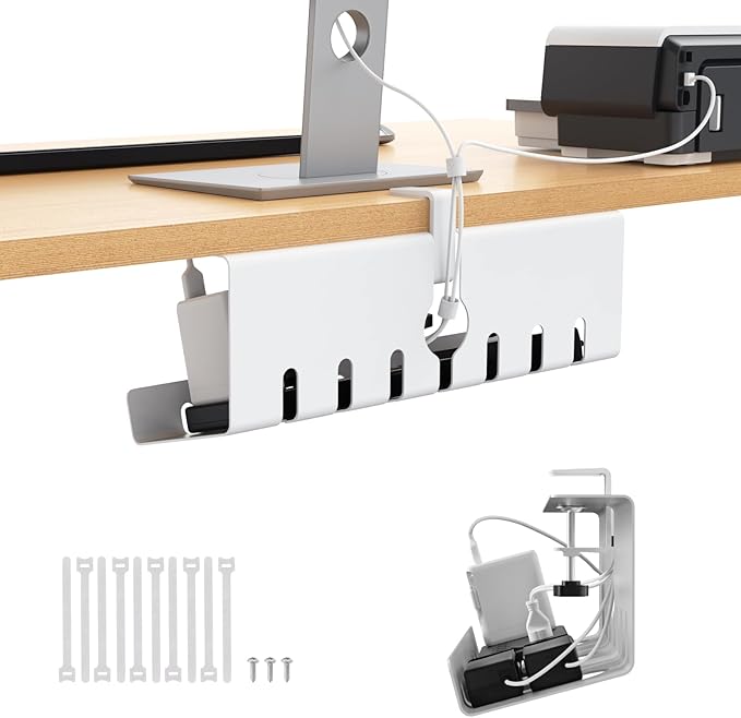 Syeeiex Under Desk Cable Management Tray with No-Drill C-Clamp & Screw Mount, 17'' Metal Under Desk Cord Organizer, Cable Management for Office/Home workspace (White)