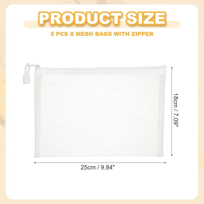 PATIKIL A5 Mesh Zipper Pouch Bags, 5 PCS Mesh Bags with Zipper Plastic Storage Pocket for Organizing File Beads Office Home Supplies, 18x25cm, White