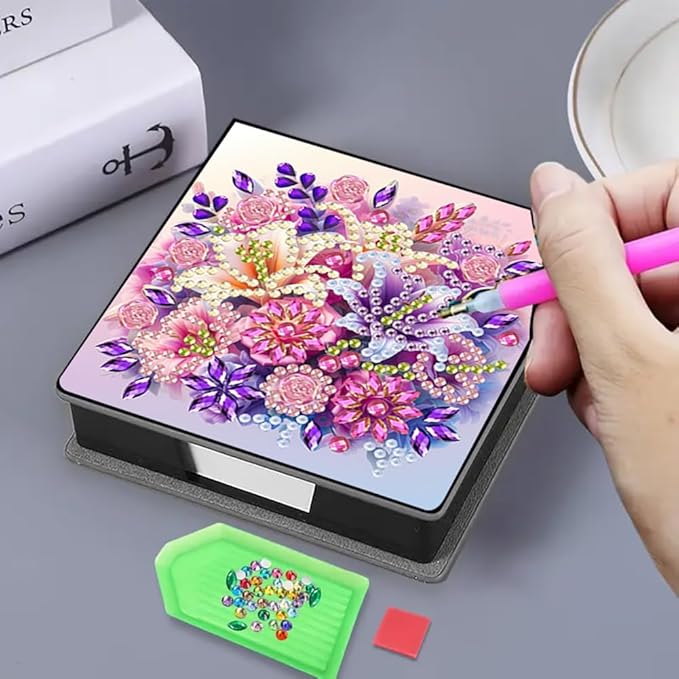 FRANDEK Flowers Creative Diamond Art Desk Organizer, DIY PU Note Box with 160 Sheets, All-in-One Gift Set for Craft Lovers, Elegant Mosaic Kits for Home & Office