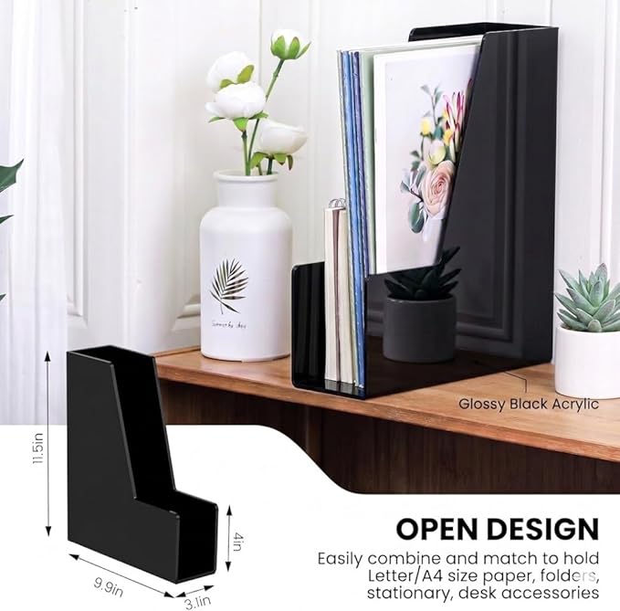 Vertical Magazine File Holder, Black File Organizer Desk Organizer and Storage Bins Holding for Magazines, Binders, Notebooks, Envelopes, Plastic Office Organization and Storage for Desk, 4 pack