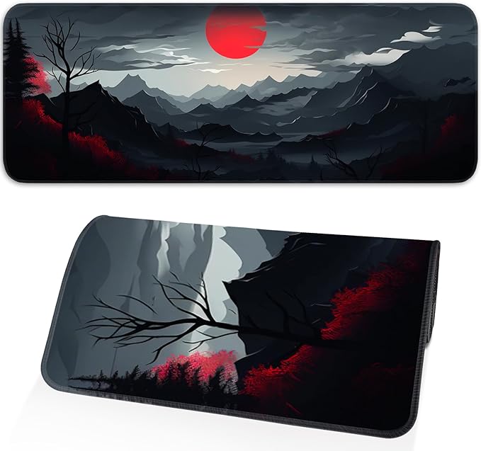 Gaming Mouse Pad, Non-Slip Rubber Bottom with Stitched Edge Desk Mouse Pad for Work, Home, Gaming, 31.5 x 11.8 Inch, Red Moon