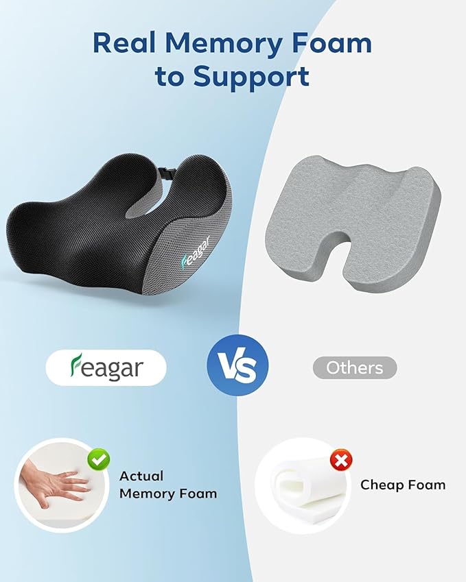 Feagar Seat Cushion for Office Chair - Memory Foam Tailbone Cushion for Desk Chair, Car Seat and Wheelchair - Ergonomic Chair Pad for Hip and Lower Back Comfort Gray