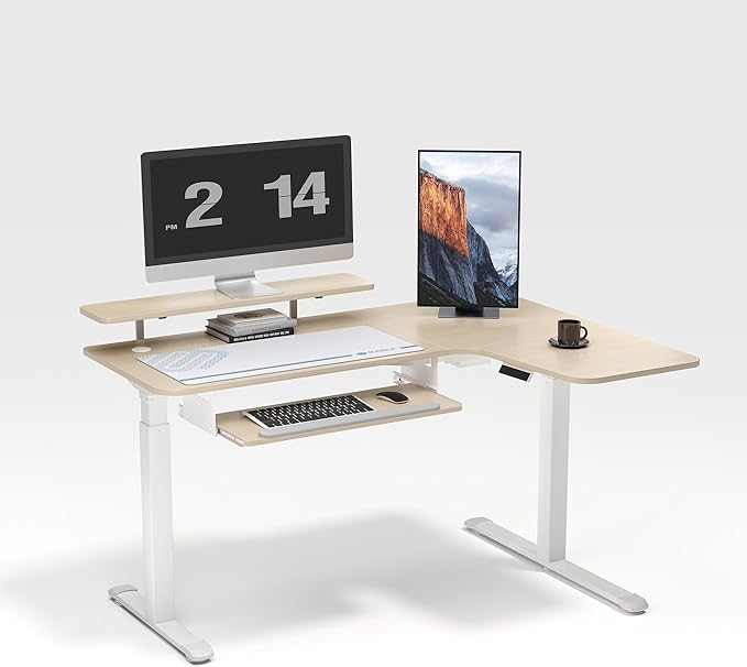 EUREKA ERGONOMIC 55 Inch L Shaped Electric Standing Desk, Height Adjustable Computer Gaming Desk with Keyboard Tray, Mouse Pad,Home Office Work,Maple Wood, Right Side