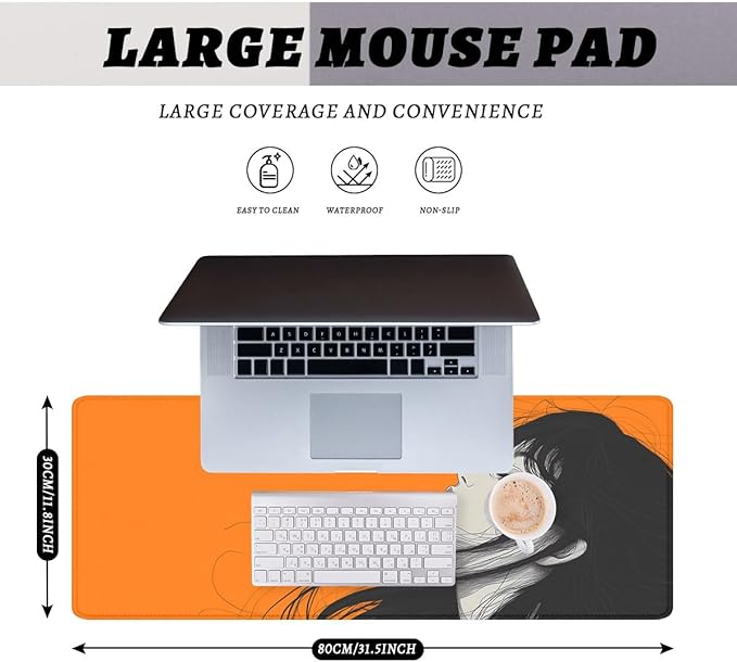 Anime Girl Aesthetic Mouse Pad, Minimal Line Art Portrait Gaming Desk Mat with Stitched Edges,Non-Slip Waterproof Rubber Base Mouse Mat, 31.5x11.8in Desk Home Office Gaming