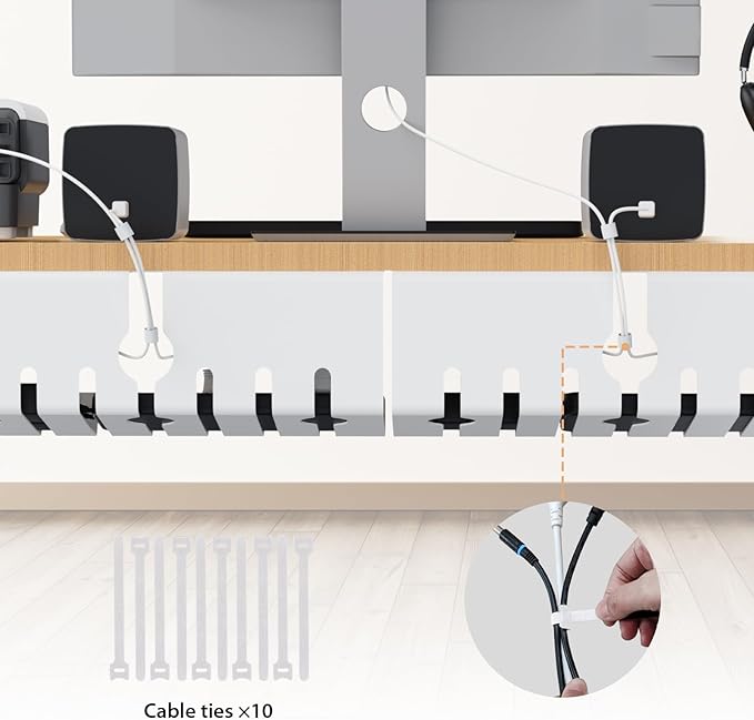 Syeeiex Cable Management with No-Drill C-Clamp & Screw Mount, 17'' Metal Under Desk Cord Organizer, Under Desk Cable Management Tray for Office/Home workspace (White, Set of 2)