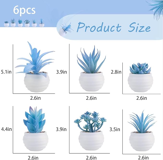 GREENTIME 6 Pcs Blue Mini Artificial Succulents in Plastic Pots Small Fake Plant Succulent Plant Graduation & Father Party Decorations Classmate Gift Faux Indoor Decor Bedroom Desk Bathroom Shelf
