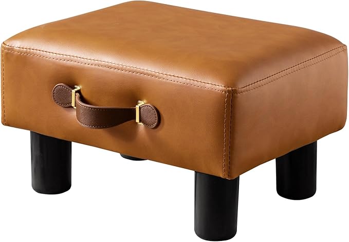 LUE BONA Small Foot Stool with Handle, Whisky Brown PU Leather Short Rest Rectangle Storage Foot Stools Ottoman with Plastic Legs, Padded Small Step Stool for Living Room, Office, Patio
