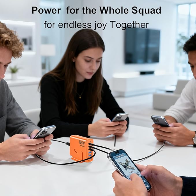 165W GaN USB C Charging Station, 6-Port Desktop Charger [3 USB-C PD + 3 USB-A], Multi-Device Fast Charger with 5 ft Cord for iPad iPhone 17/16/15, Samsung Galaxy, Tablets, Home Office Travel Orange