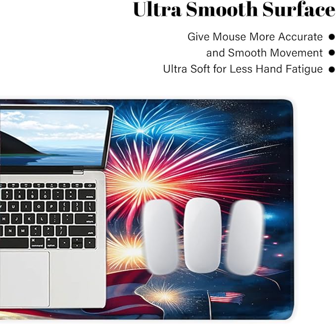 Large Mouse Pad American Flag Fireworks Non-Slip Rubber Long Gaming Desk Mat Big Computer Keyboard Mousepad Waterproof Protector Wristing Pad for Gaming Office Home Decorative 31.5 X 11.8 Inch
