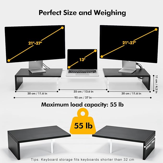 Dual Monitor Riser, Acrylic Monitor Riser, Adjustable Angle & Length Computer Monitor Stand, Wide Desk Shelf for Top of Desk for Home Office_Black Maple Look Small
