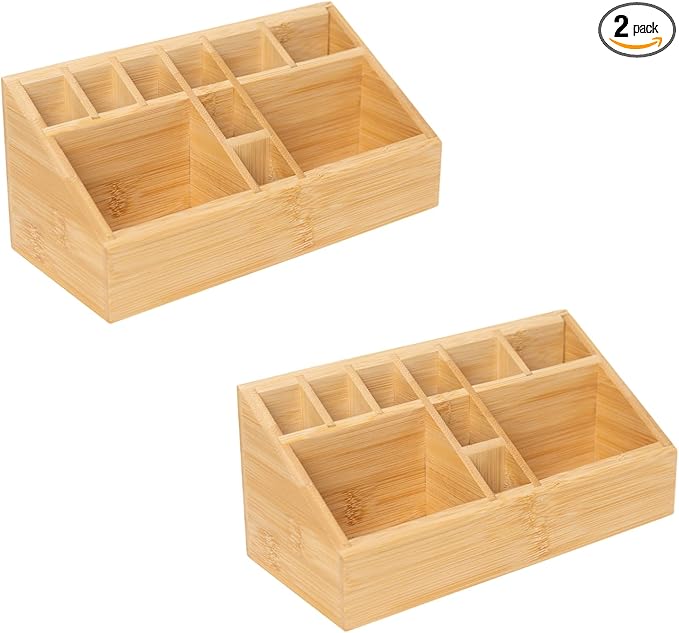 2 Pack Bamboo Small Art Supply Organizer, Pen Holder Multifunctional Organizer Office Accessory Storage, Desk Organizer for Colored Pencil, Crayon, Paint Brushes, Makeup Organizer
