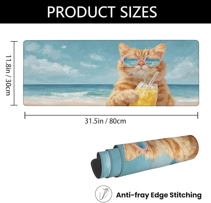 Cat Beach Funny Large Mouse Pad Non-Slip Rubber Long Gaming Desk Mat Big Computer Keyboard Mousepad Waterproof Protector Wristing Pad for Gaming Office Home Decorative 31.5 X 11.8 Inch