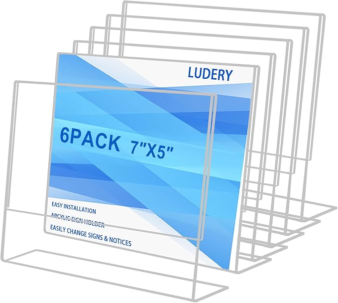 6 Pack Acrylic Sign Holder 5x7 for Picture Frames,Slanted Back Acrylic Sign Holders for Business & Store,Plastic Sign Holder,Menu Holder, Table Sign Holder for Office, Home, Store, Restaurant- Horizontal