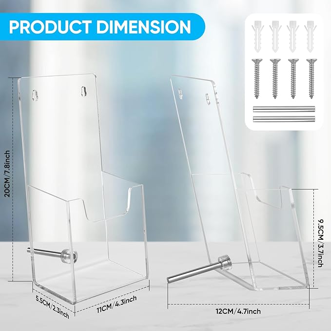 Acrylic Brochure Holder Wall Mount or Countertop Display Stand – Clear Pamphlet & Literature Organizer Fits Trifold Flyers, Menus, Leaflets for Office, Shop, Hotel, Classroom, Reception Desks (4 Pack, 4.3 x 7.8 inch)