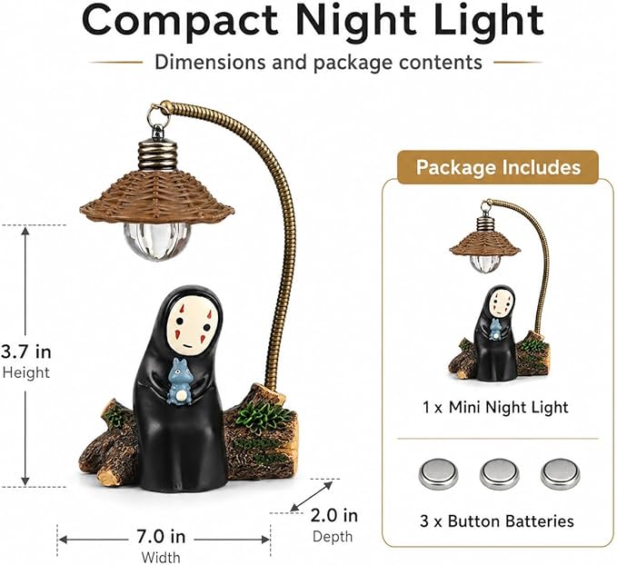 OVANUS No Face Lamp, No Face Night Light, Mini Resin Anime Desk Lamp, Battery Operated Cute Room Decor Gift for Bedroom Shelf Office