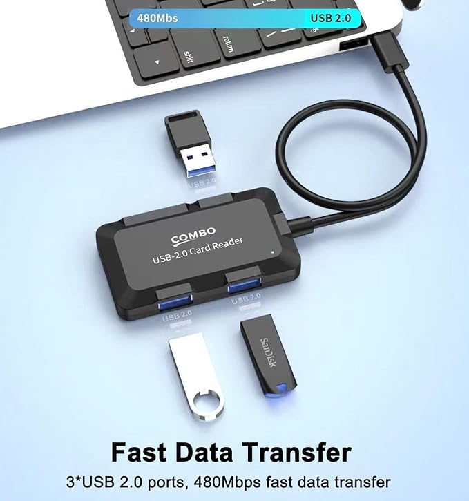 5 in 1 USB Hub with SD/TF Card Reader, USB Extender with 3 USB-A Ports for Laptop, PC, Desktop, Mouse, Keyboard, Projector and More(Black/3.3FT Cable)
