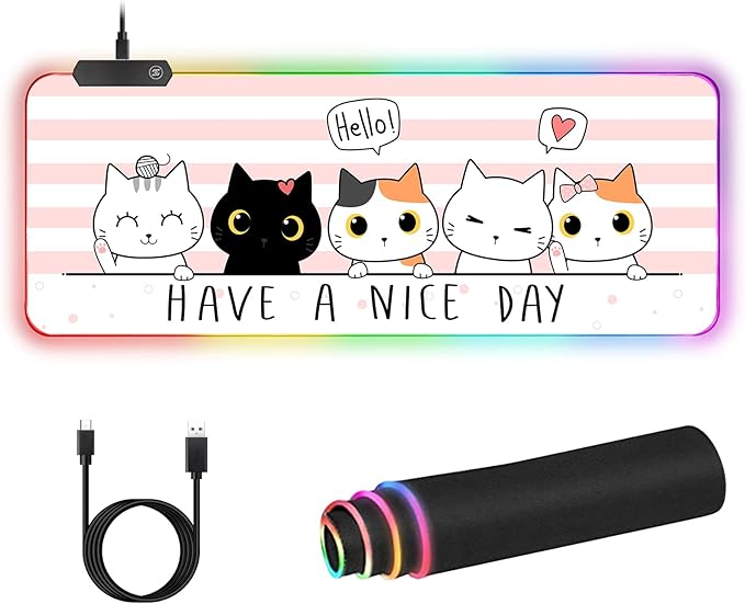 RGB Large Gaming Mouse Pad, Extended Mouse Pad with 12 Lighting Effects, Water Proof Mutispandex Surface, Non-Slip Rubber Base, 80x30 cm / 31.5×11.8 in (Cat)
