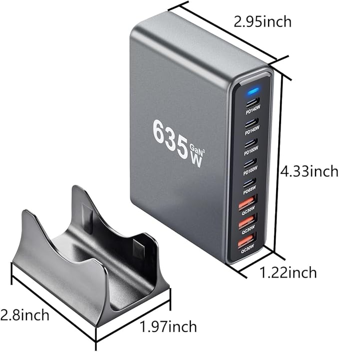 635W GaN Super Fast Charging Station for Multiple Devices, 8-Port USB C Charging Station with PD3.1 140W & QC4.0, 5 USB-C + 3 USB-A Desktop Charger for MacBook, iPhone, iPad, Laptop, Tablet