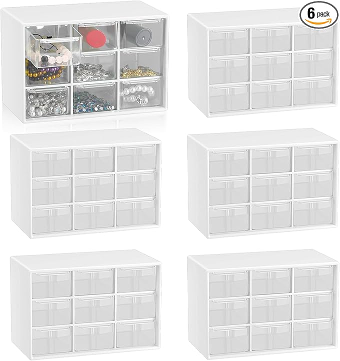 6 Pcs Small Drawer Organizer for Desk, Mini Desktop Drawer Organizer with 9 Clear Drawers, Plastic Desktop Craft Storage Box for Desk Office School Home 7.1" x 3. 8" x 4.6" (White)