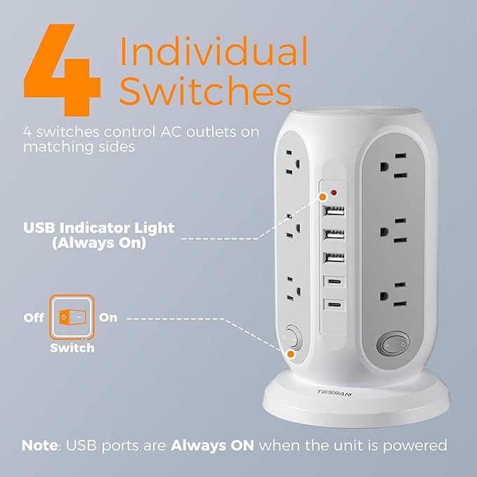 TESSAN Tower Power Strip with Individual Switches, 12 Outlets and 5 USB Ports(2 USB C), Flat Extension Cord 10 Ft, 1250W, Charging Station for Multiple Devices, Office, Dorm, Grey