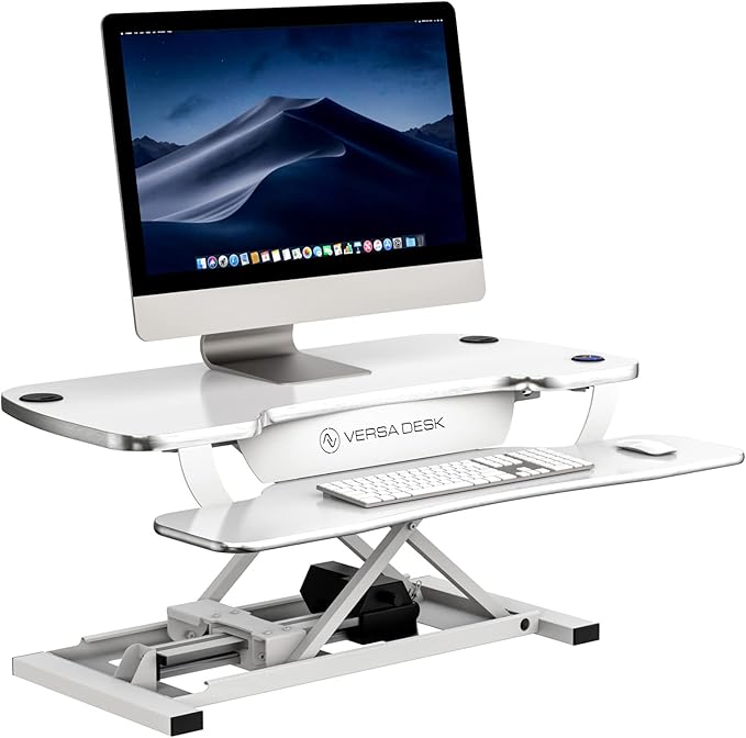 VERSADESK PowerPro 36 Inch Electric Standing Desk Converter – Push-Button Height Adjustable Sit to Stand Desk Riser for Dual Monitors & Laptop – Motorized Desktop Workstation with Wide Keyboard Tray