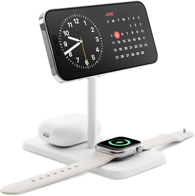 Twelve South HiRise 3 Deluxe Twelve South 3-in-1 MagSafe + Qi2 Charging Stand for iPhone, Watch, and AirPods, White