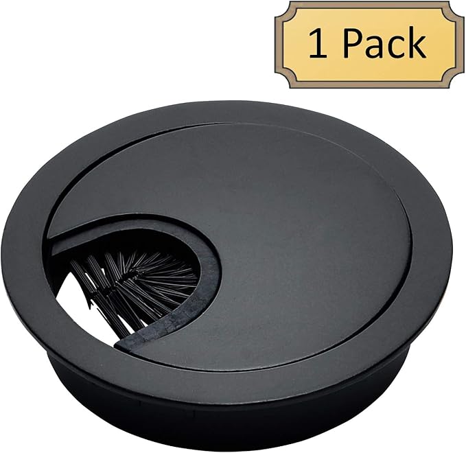 Matte Black Metal Cable Grommet | 2 Piece "Lock in" Feature with "Brush" Opening for Management of Office & Computer Desk Wires | 60mm (2 3/8") Hole Opening | 1 Pack