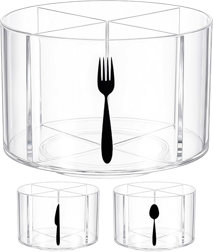 360° Rotating Acrylic Utensil Caddy, 4 Compartment Plastic Silverware Cutlery Holder Countertop Flatware Storage Organizer for Kitchen Office Desk Picnic Camping Party