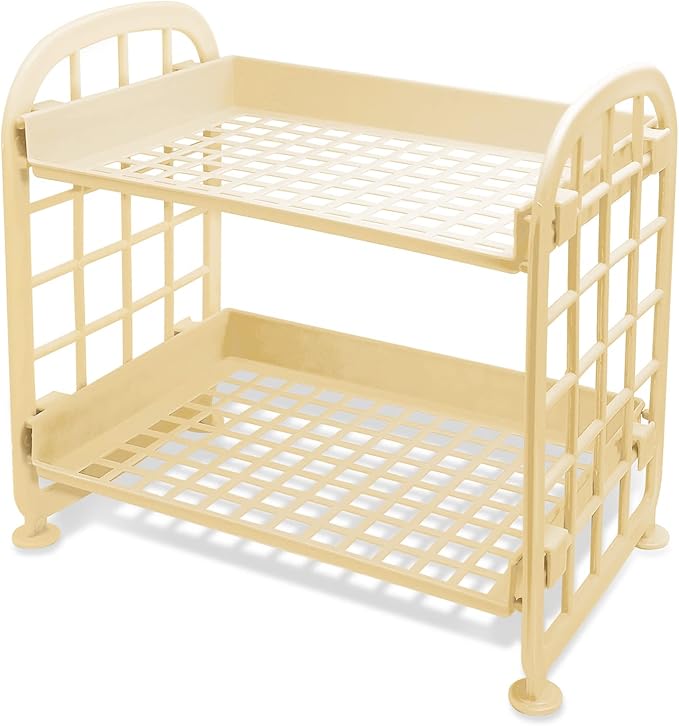 UnnFiko 2-Layers Table Shelf Organizer, Adjustable Plastic Storage Rack Shelf Square Basket Desk Stand Table Storage Organizer Shelves (Yellow)