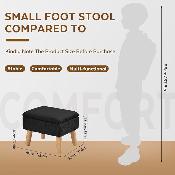 Storage Ottoman, Small Foot Stool Ottoman with Storage, Teddy Velvet Foot Rest with Wood Legs, Footstool for Living Room, Bedroom, Entryway, Black