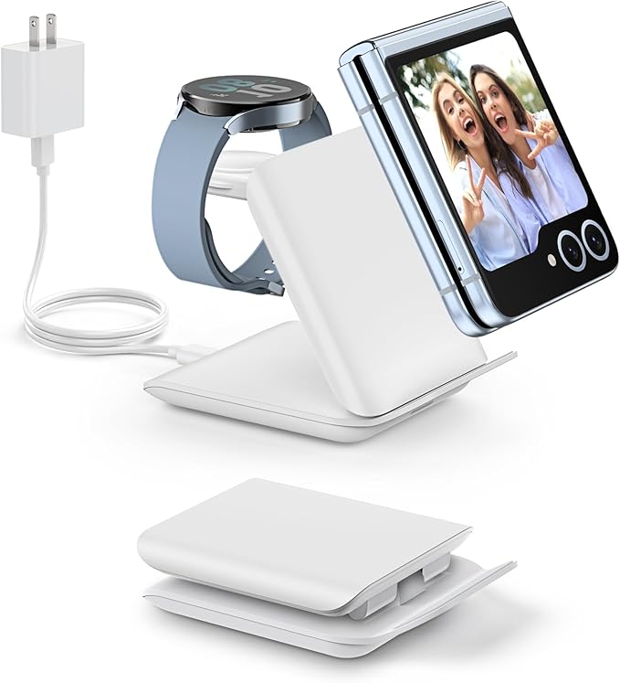Fast Wireless Charger for Samsung - 2 in 1 Foldable Travel Charging Station, Compatible with Samsung Galaxy Z Flip 7/6/5/4 Series and Motorola Razr+, White (Adapter PD 20 watt Included)