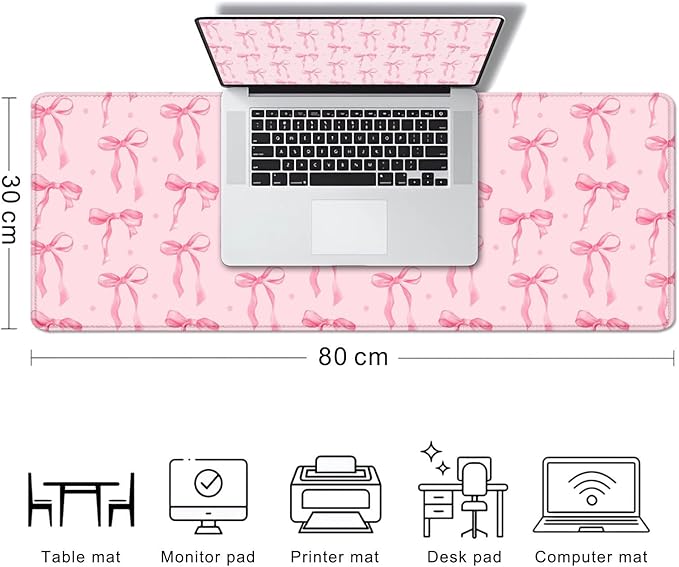 Pink Ribbon Bow Large Gaming Mouse Pad, Polka Dots Desk Mat Office Accessory, Light Pink Computer Mat, Non-Slip Rubber Base Laptop Pad for Girls Kids Desktop Decorative, 31.5 x 11.8 inches