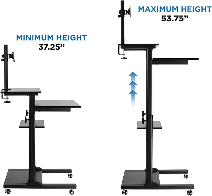 Mount-It! Rolling Adjustable Stand-Up Desk with Monitor Arm - Mobile Computer Workstation & Presentation Cart, in Black Color (MI-7942B)