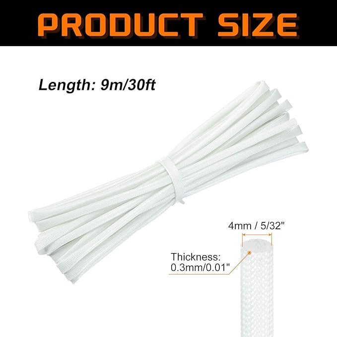 MECCANIXITY 30ft Braided Cable Sleeve, 5/32" ID 200C Heat Resistant 1500V Fiberglass Wire Insulation Cord Protector Organizer Wires Management for Motor Engine Fuel Line, White