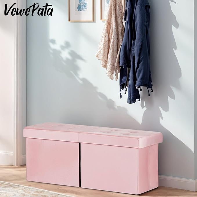 Folding Ottoman Bench with Storage - 34Inches Teddy Velvet Foot Stool Ottoman Bench, Padded Seat, Storage Chest,Blanket Store, for Entryway Livingroom and Bedroom,Pink (34" D x 13" W x 13" H)