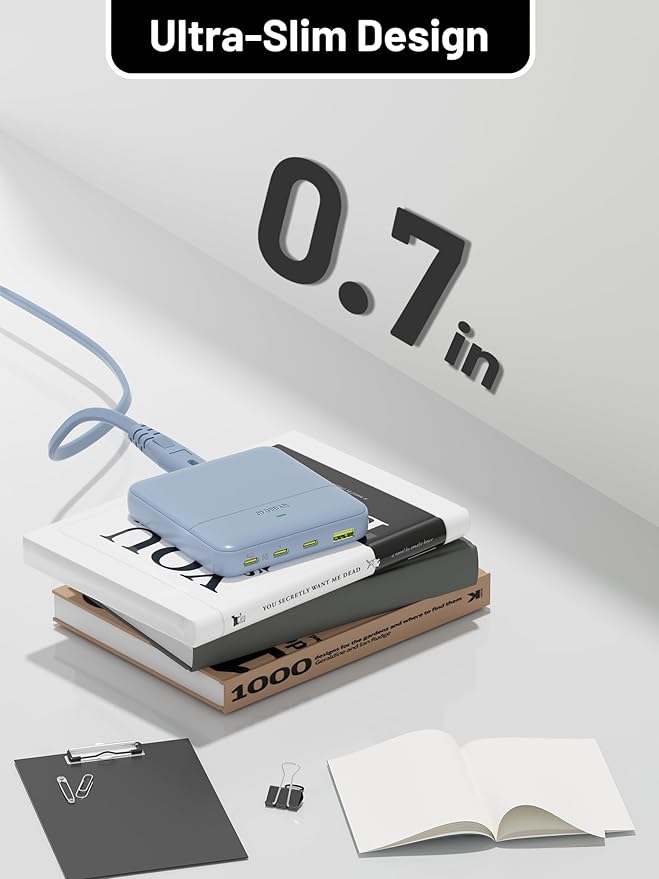 USB C Charging Station 67W, 4-Port Slim USB C Charger Block for iPhone 17/16/15, MacBook Air/Pro with 5ft Extension Cord, 3 USBC, 1 USB-A, Fast Charging Desktop Charger for Home Office Travel, Blue