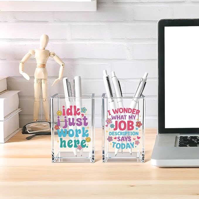 Idk I Just Work Here Acrylic Pen Holder Cup Set 2, Cute Pencil Holder Desk Organizer, Funny Desk Accessories, Sarcastic Gag Office Gifts for Women Coworkers Teachers Work Besties Boss Employees