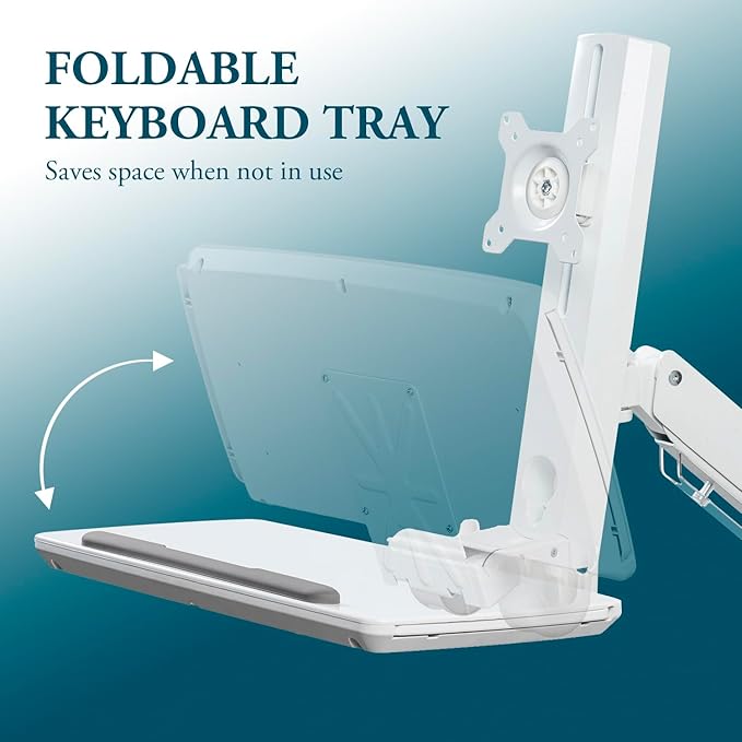 MyGift Wall Mounted White Metal Medical Grade Monitor Screen Workstation with Height Adjustable Arm, Keyboard & Extension Tray & Mouse Holder for Healthcare and Dental Clinics, Fits up to 35” Monitor