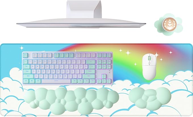 ATTACK SHARK 4 in1 Cloud Mouse Pad,Keyboard Wrist Rest,Mouse Wrist Rest Support,and Leather Coaster Set with Office Desk Mat,Non-Slip PU Desk Pad Memory Foam Ergonomic Pain Relief for Office and Home