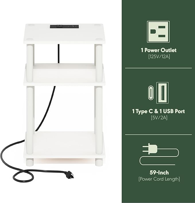 Furinno JUST Side Table, 3-Tier Modern End Table with Charging Station, Easy Assembly Night Stand, Bedside Table with USB and Type-C Port, for Living Room, Bedroom, White