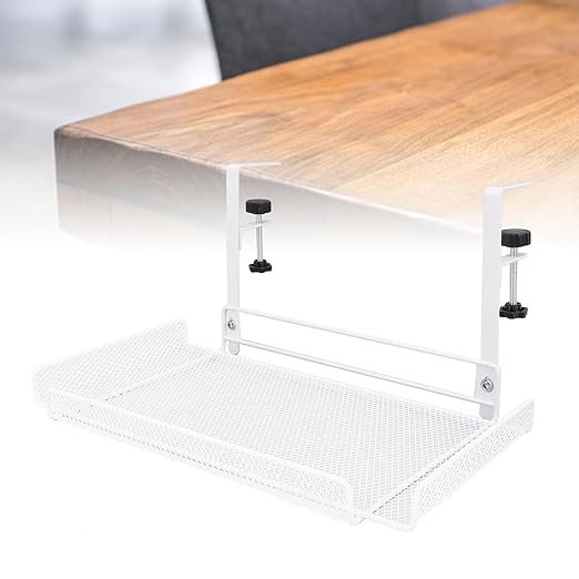 Under Desk Cable Management Tray, 14.4 x 7.9 x 6.9 Inch Large Cpacity Metal Mesh Desk Cable Tray with Clamp Mount No Drill Carbon Steel Desk Cable Organizer for Home Office (White)