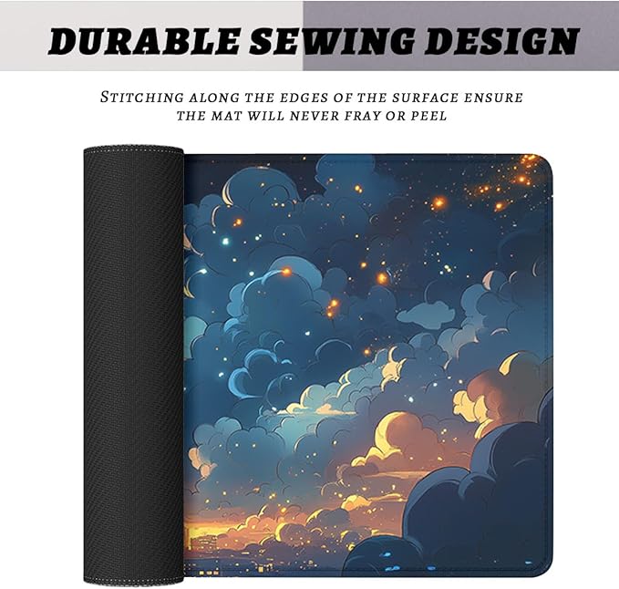 Clouds Sky Gaming Mouse Pad Cartoon Dreamy Night White Clouds Stars Large Gaming Mouse Mat with Stitched Edges,Non-Slip Waterproof Rubber Base Mous Mat 31.5x11.8 in