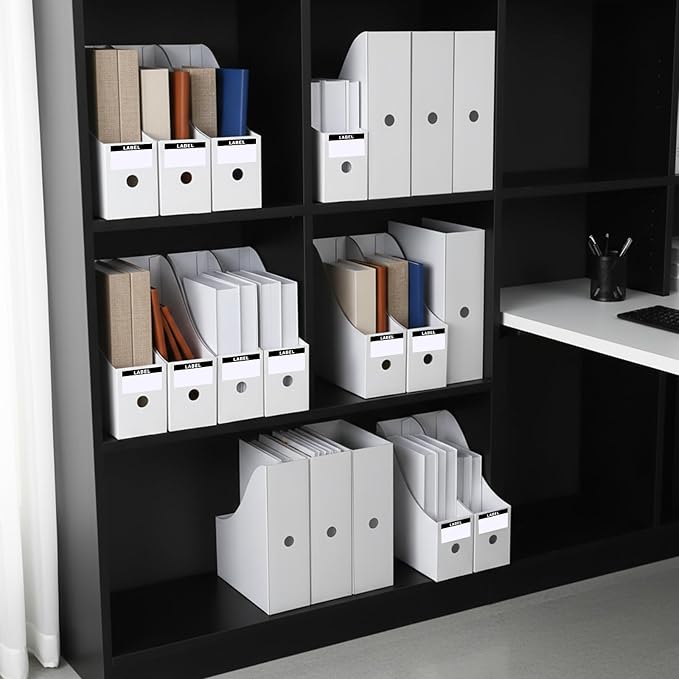 25-Pack White Cardboard Magazine File Holders, 10.2" L x 3.5" W x 10.6" H Large-Capacity Document Organizer Boxes, Foldable Book Bins for Shelves, Office or Home Use with 25 Bonus Labels