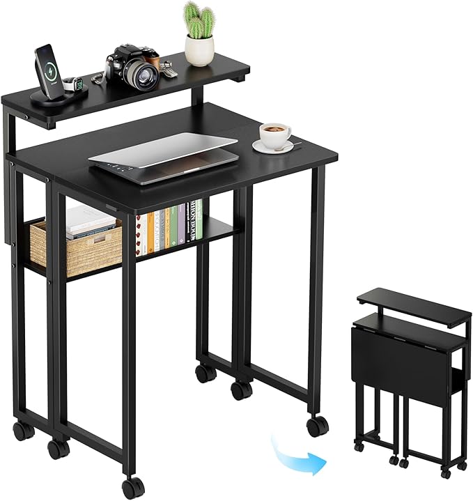 GreenForest Folding Desk with Adjustable Monitor Stand and Storage Shelf, 24.8in Rolling Table with Wheels, Mobile Small Desk for Small Spaces, Home Office, Black