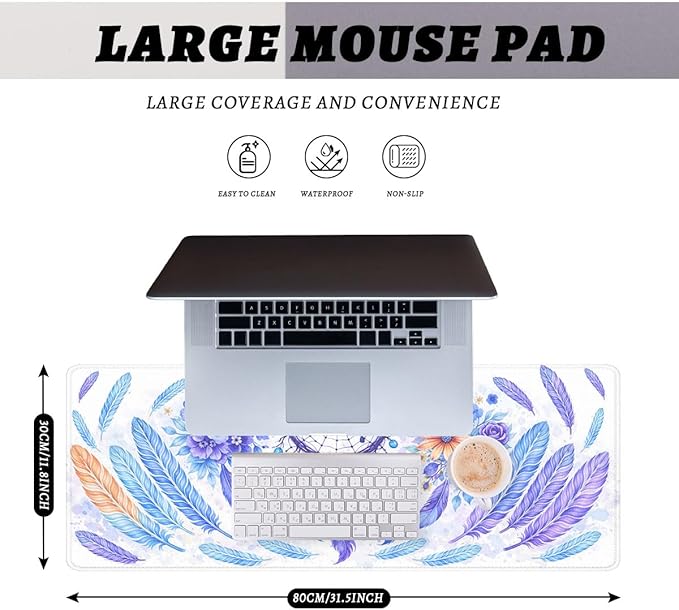 Boho Dreamcatcher Mouse Pad, Watercolor Purple Feather Floral Gaming Desk Mat Waterproof Stitched Edges Rubber Base Non-Slip Deskmap Computer Keyboard Mat, 31.5x11.8in Desk Home Office Gaming